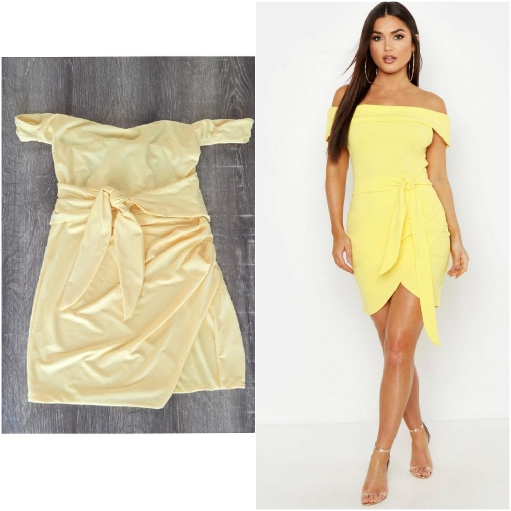 Effordram Yellow Off-Shoulder Tulip Hem Tie Back Dress Small